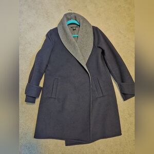 TAHARI Navy Blue Gray Double Face Wool Sz MEDIUM Wrap Coat